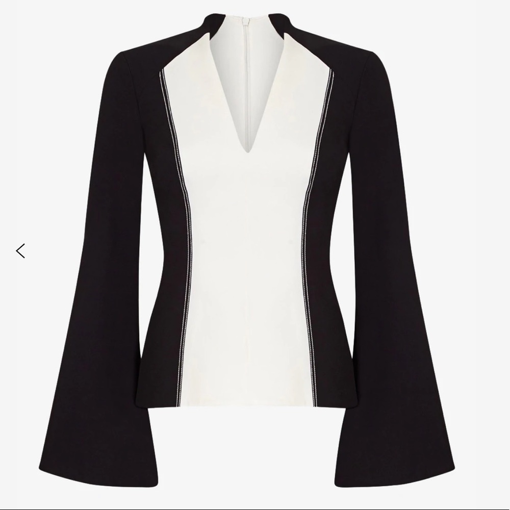 Black and White Contrast V-Neck Blouse with Bell Sleeves - Picture 3 of 10
